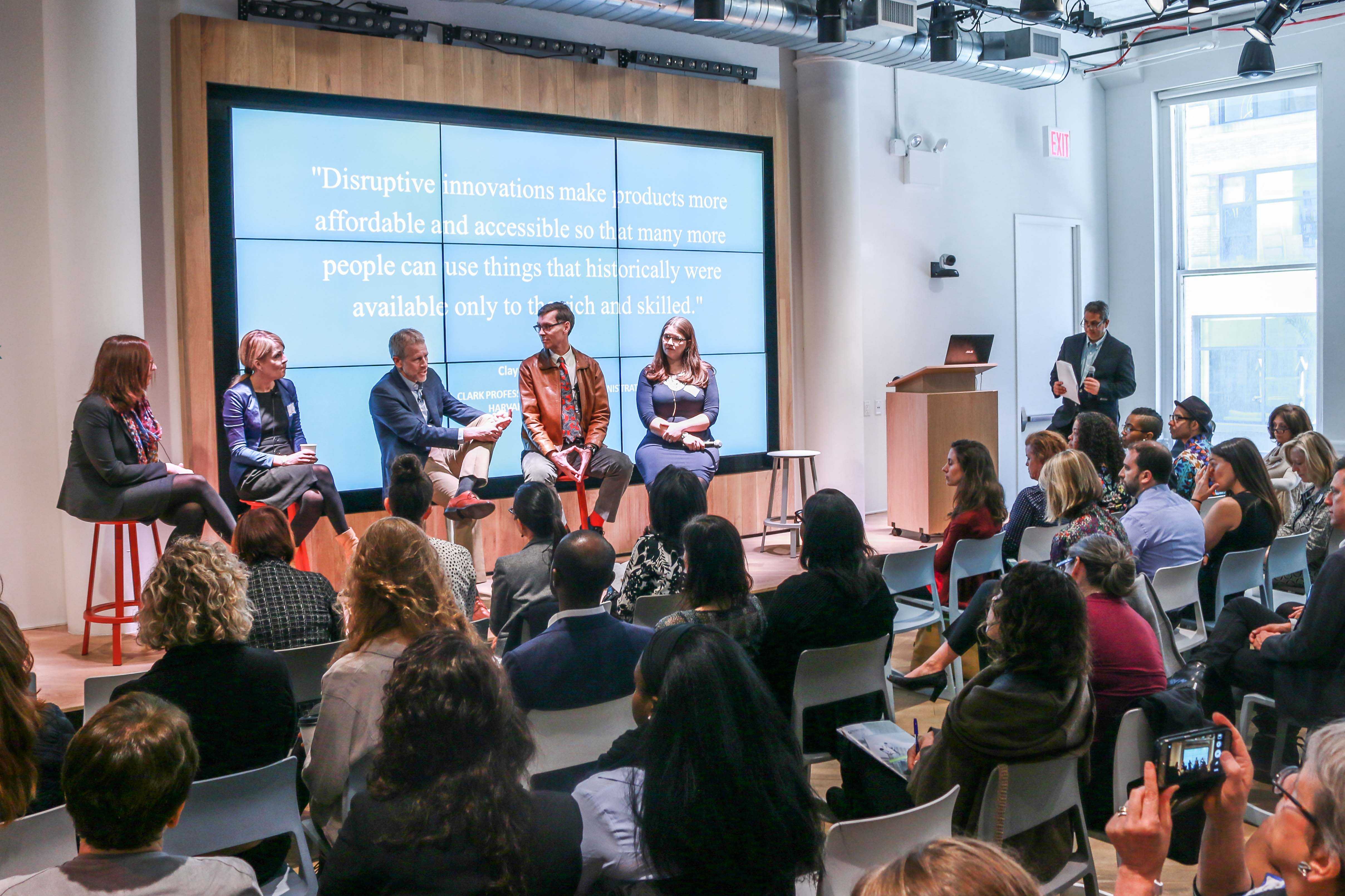 Deborah Goldfarb, Patsy Doerr, Whitney Tilson, Daniel Rabuzzi and Lauren Locke, speaking at NYU Alum David Dosamantes’ panel on Corporate Social Responsibility in an Age of Disruption.