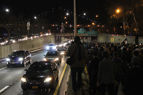 Protesters block half of the FDR Drive near the Williamsburg Bridge.