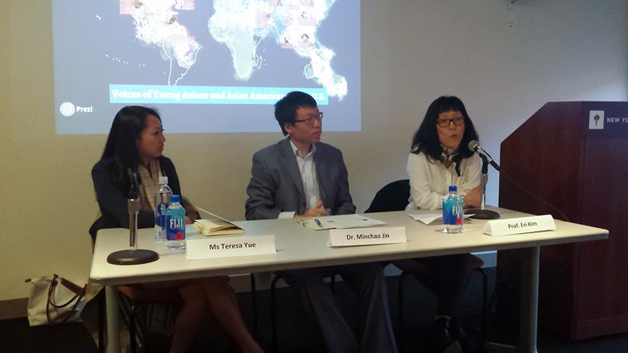 Terese Yue (left), Dr. Michao Jin and Professor Eli Kim discuss their experiences living as Asian-Americans to teach the next generation.