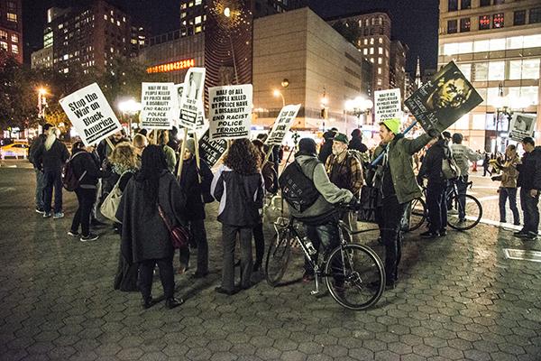 People gathered in Union Square on Monday for one of the #BlackLivesMatter rallies that have been occurring regularly throughout the year.