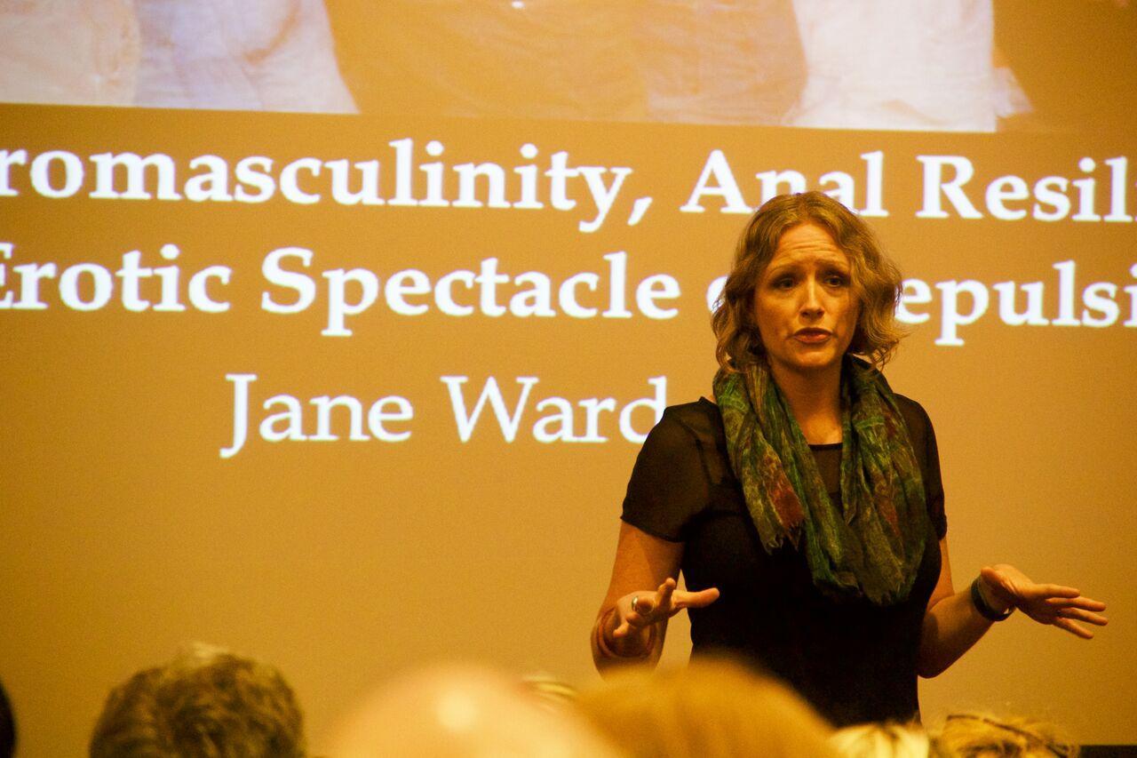 In her presentation entitled “White Heteromasculinity, Anal Resilience, and the Erotic Spectacle of Repulsion”, Jane Ward, author and explorer of gender at the University of California Riverside, shows a captive NYU audience provocative images of the white American heterosexual male’s obsession with homoerotic acts.