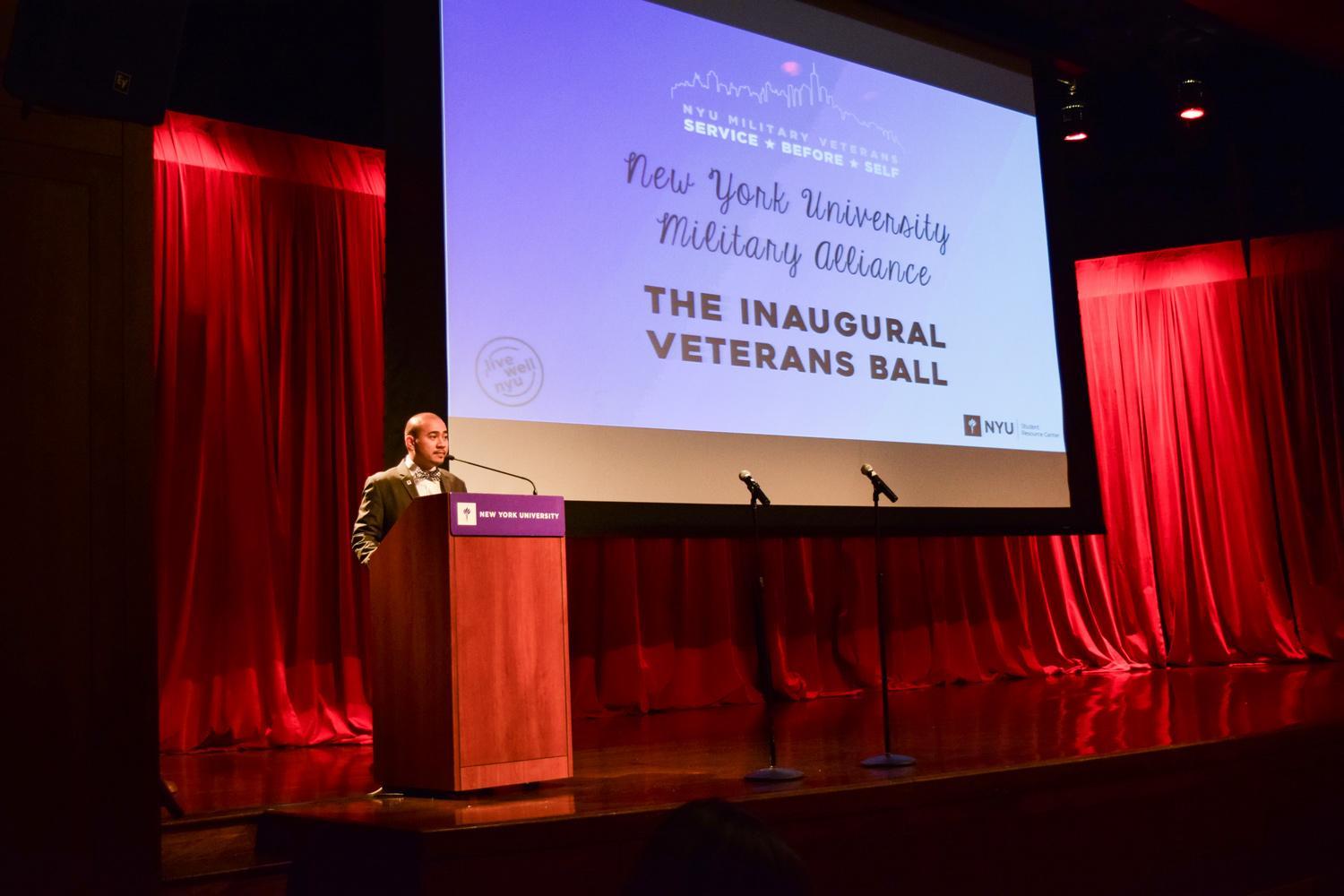 Assistant Director of the NYU Student Resource Center, Rollie Carencia, introduces everyone to the Veteran's Ball.