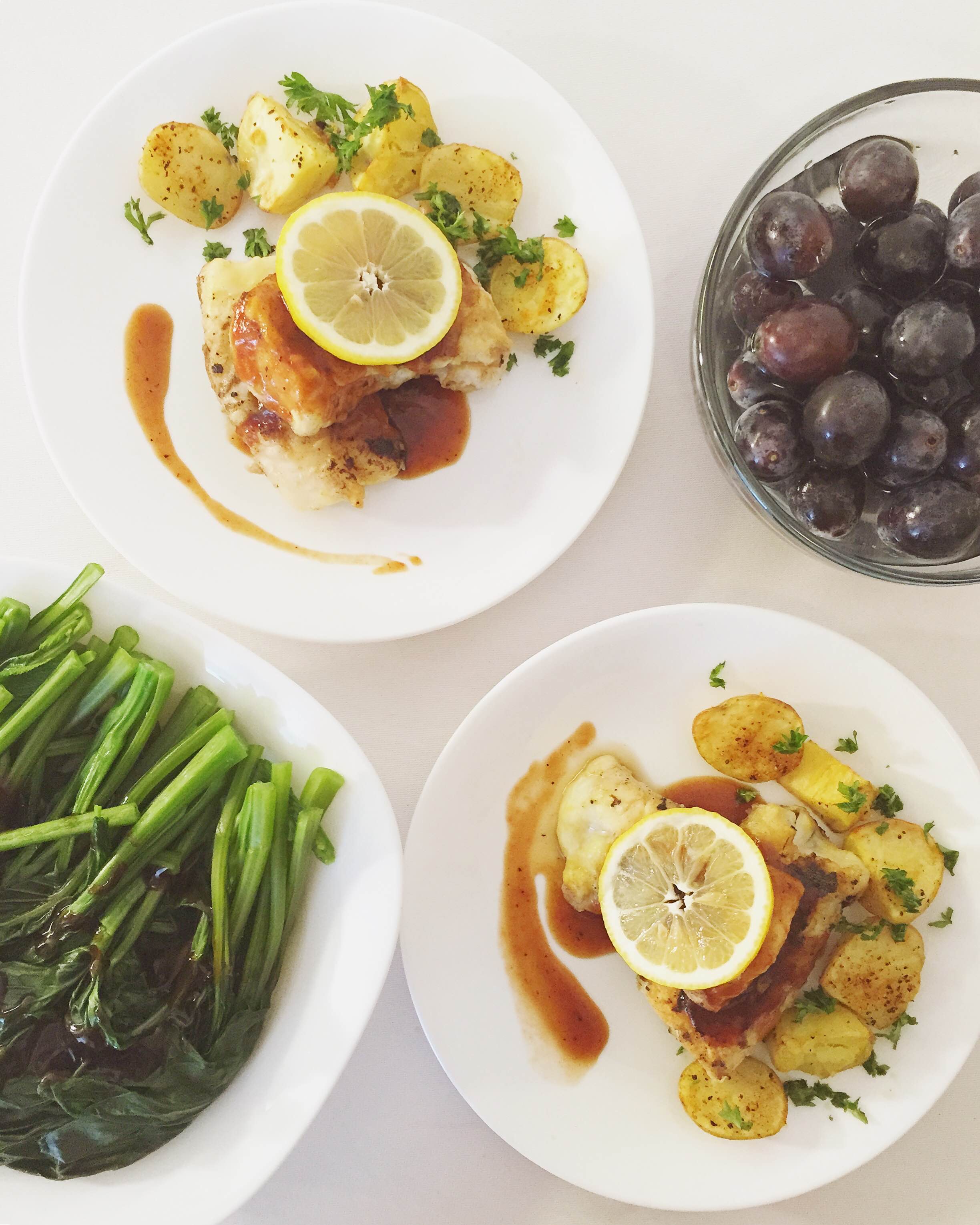 Pan fried cod fish topped with source and potato sided with Chinese kale, cooked using ingredients all under $10.
