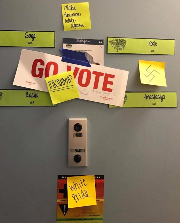 The post-it notes covering Anastasiya Muravyeva's door on Nov. 17 displayed rhetoric commonly employed by white nationalists, like