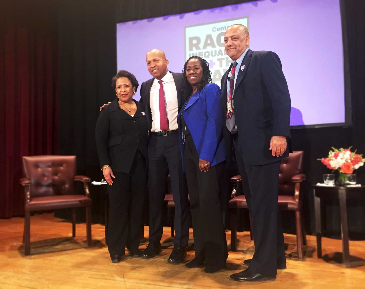 From left to right, former Attorney General Loretta Lynch, NYU Law professor Bryan Stevenson, Sherrilyn Ifill and Tony Thompson at the Center on Race, Inequality and the Law's Inaugural Conversation. This event took place in the Greenberg Lounge of the NYU Law school on February 27 to discuss the effects of racial bias and economic inequality.