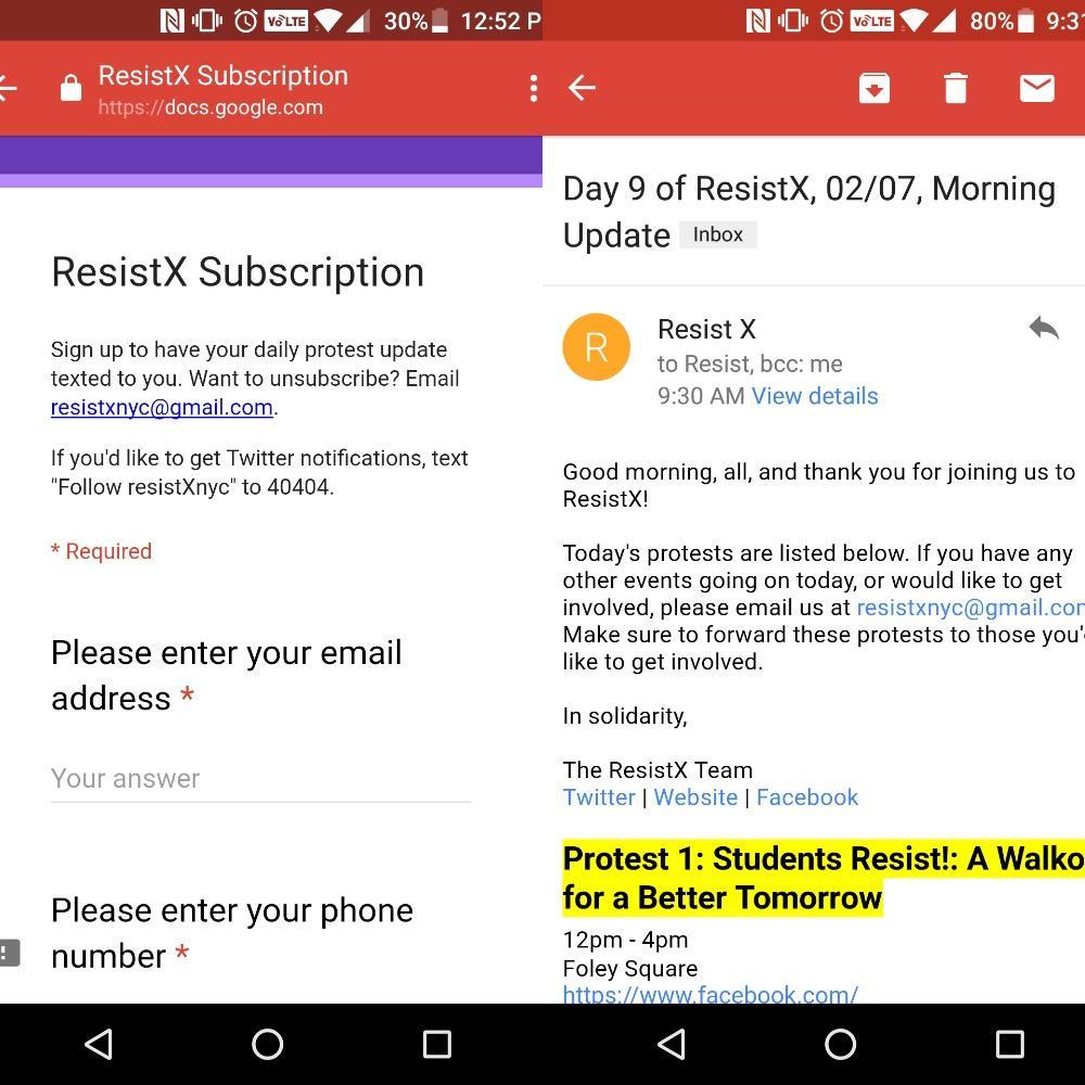 After filling out the form for ResistX, subscribers will receive email notifications regarding the protests going on within that day.