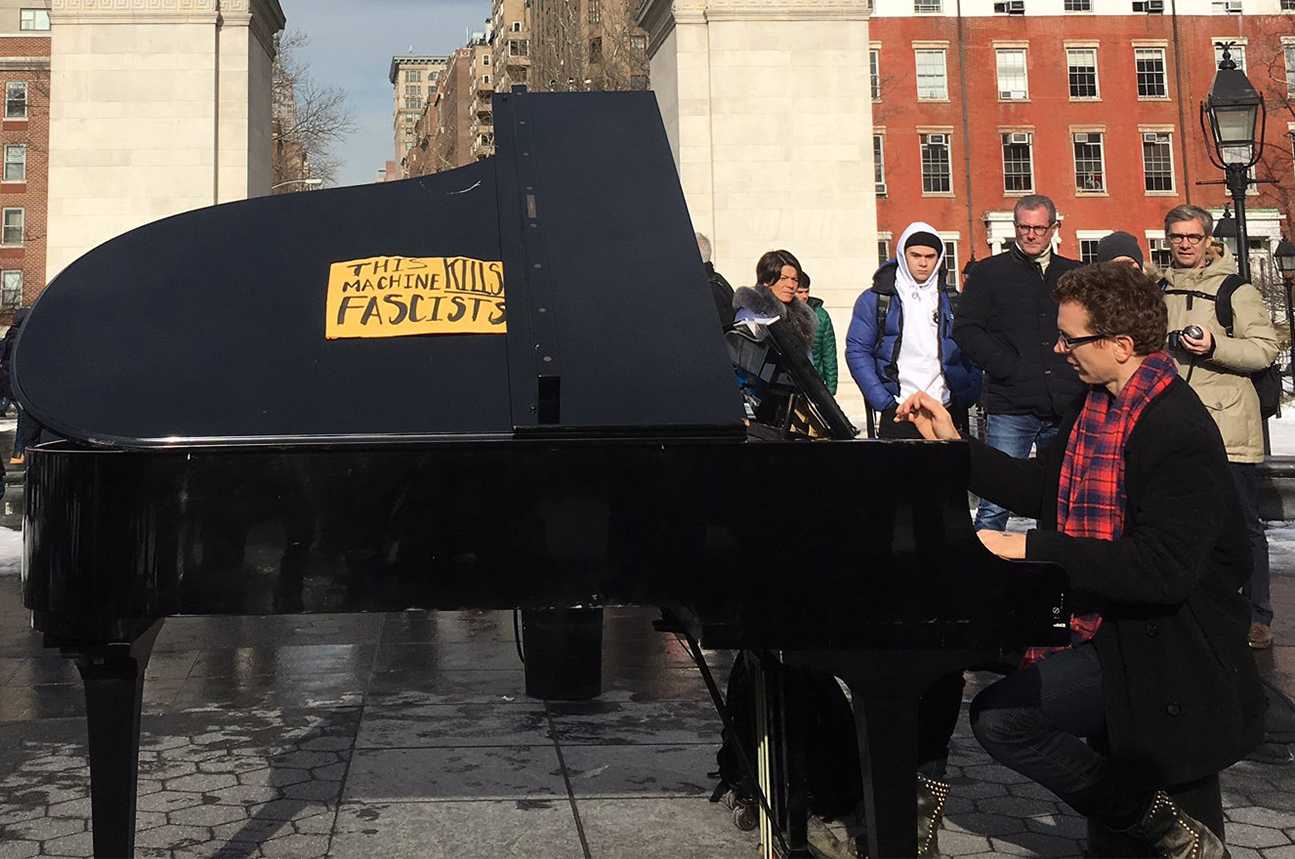 A pianist who frequents Washington Square Park altered his instrument with a sign that reads