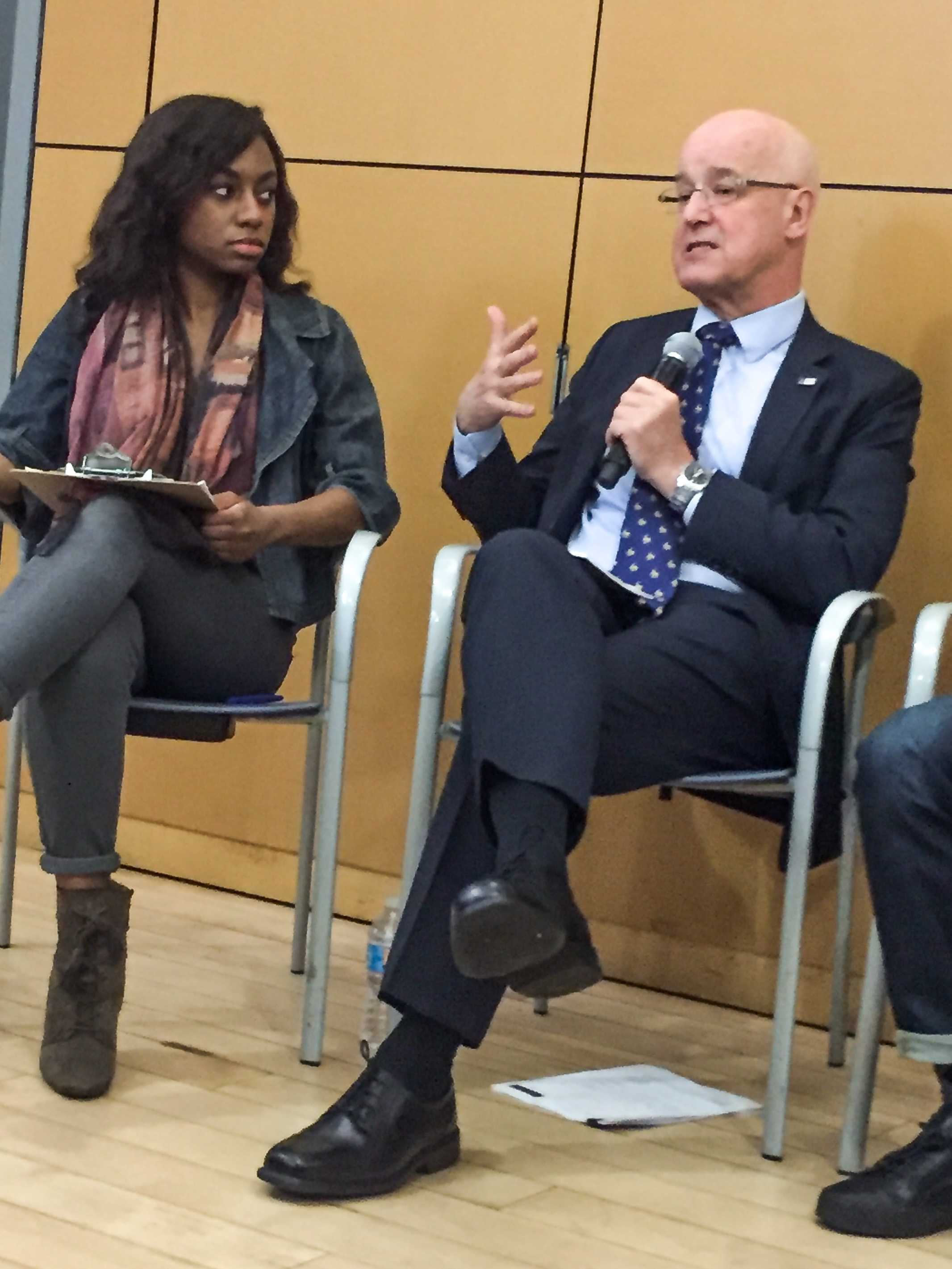 NYU President Andrew Hamilton speaks at a town hall held today, Wednesday, March 1st, 2017. The Sanctuary Campus movement marched on the event to demand Hamilton declare NYU a sanctuary campus for undocumented students.