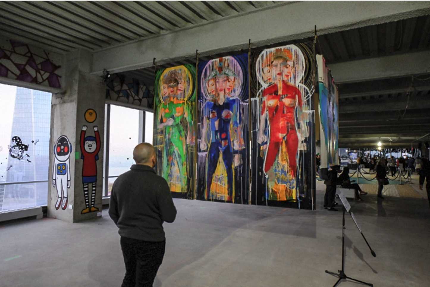 The 69th floor of 4 World Trade Center displays murals and sculptures by over 50 different street artists. The project is headed by curators Doug Smith, Jane Chun Smith and Joshua Geyer in collaboration with Executive in Charge of Production Robert Marcucci.
