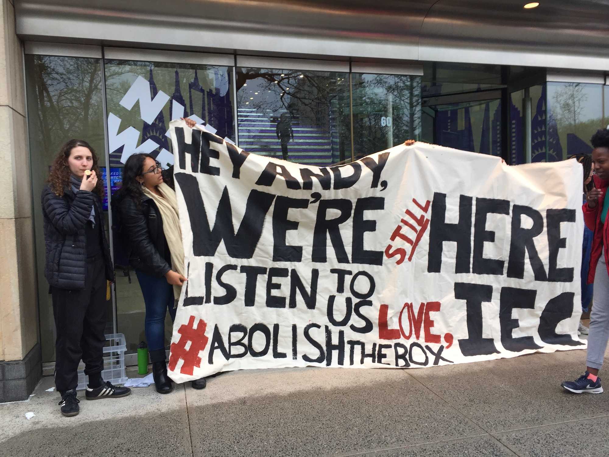 The Incarceration to Education Coalition, joined by Student Labor Action Movement, protested outside the Kimmel Center for University Life. IEC protested NYU's inclusion of the box indicating criminal history on its application.