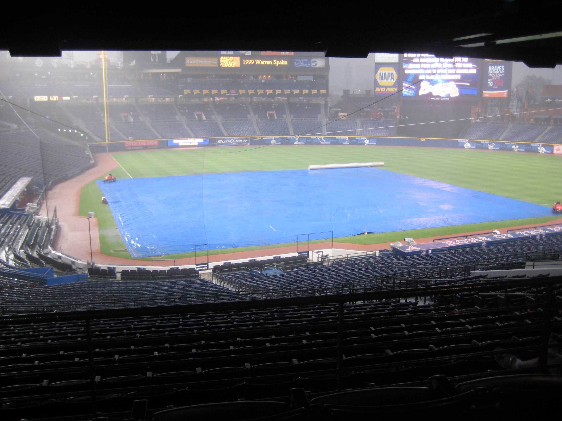 The Turner Field in Atlanta faces a rain delay. Weather can deter a game from effectively playing out; in addition, it can affect how players play the game.
