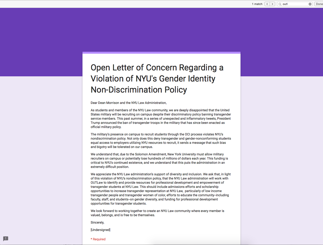 A letter written by NYU OutLaw, urges the administration of NYU Law to include admissions efforts and scholarship opportunities to increase transgender representation at NYU Law.