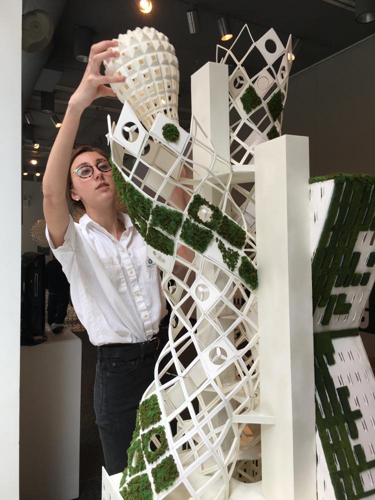 A student from the class puts the finishing touches on the 3D model of Gallatin's 2061