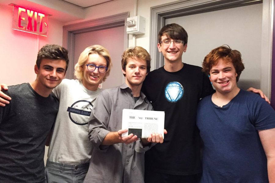 Brittany+Hall+residents+%28L+to+R%29+Nicolas+Brunstein%2C+Samuel+Slocum%2C+Gabriel+Oldfield%2C+Benjamin+Florence+and+Joshua+Ellis-Einhorn+created+a+newsletter+named+the+02+Tribune+which+is+only+sent+to+other+rooms+ending+in+02.%0A