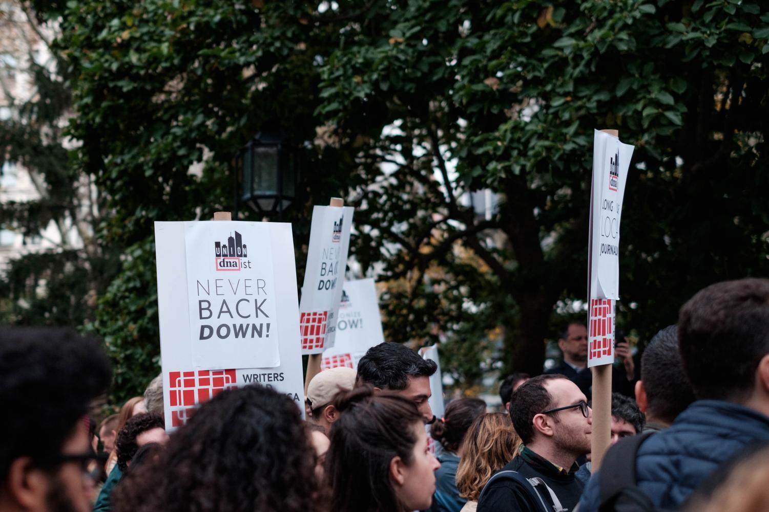 Approximately 200 people gathered to protest the shutdown of local news outlets DNAinfo and Gothamist on Nov.6 in City Hall Park.