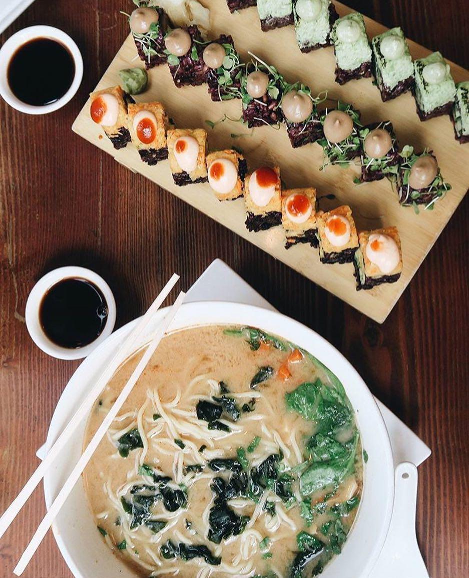 Beyond Sushi offers a number of sushi rolls and soups that pass on the raw fish for a variety of vegetables as a vegan alternative.