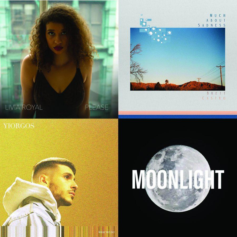 Single+covers+for+Olivia+Royal%27s+%22Please%22+%28top+left%29%2C+Brett+Castro%E2%80%99s+%E2%80%9CMuch+About+Sadness%E2%80%9D+%28top+right%29%2C++YIORGOS%27+%22What+We+Do%22+%28bottom+left%29%2C+Anxia%27s+%22Moonlight%22+%28bottom+right%29.