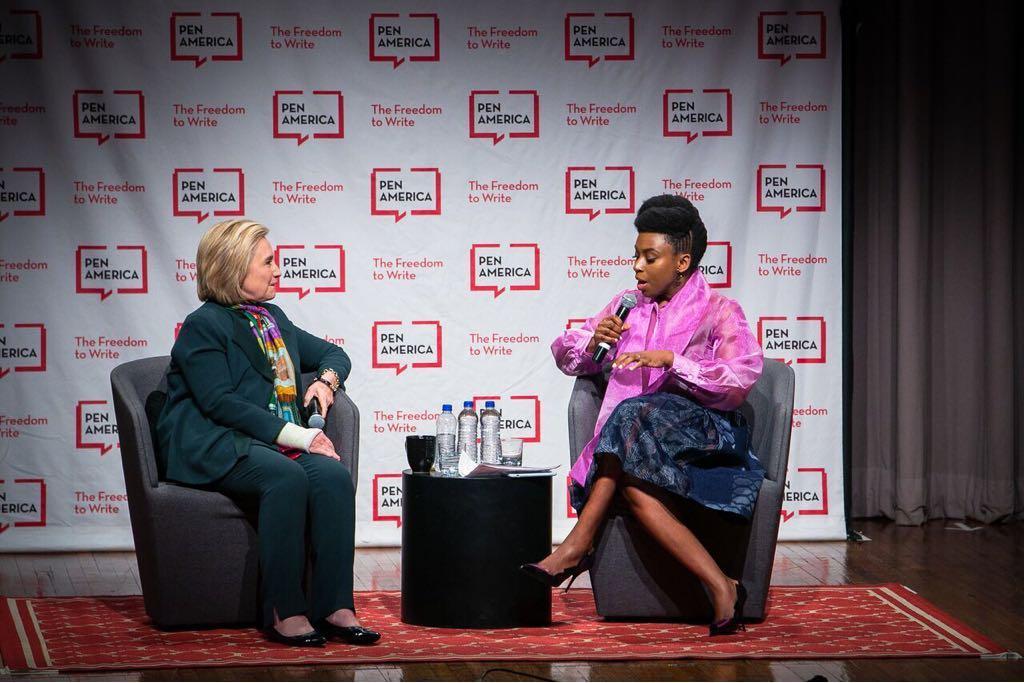 Hillary Clinton speaking with Chimamanda Ngozi Adichie at PEN World Voices Festival.