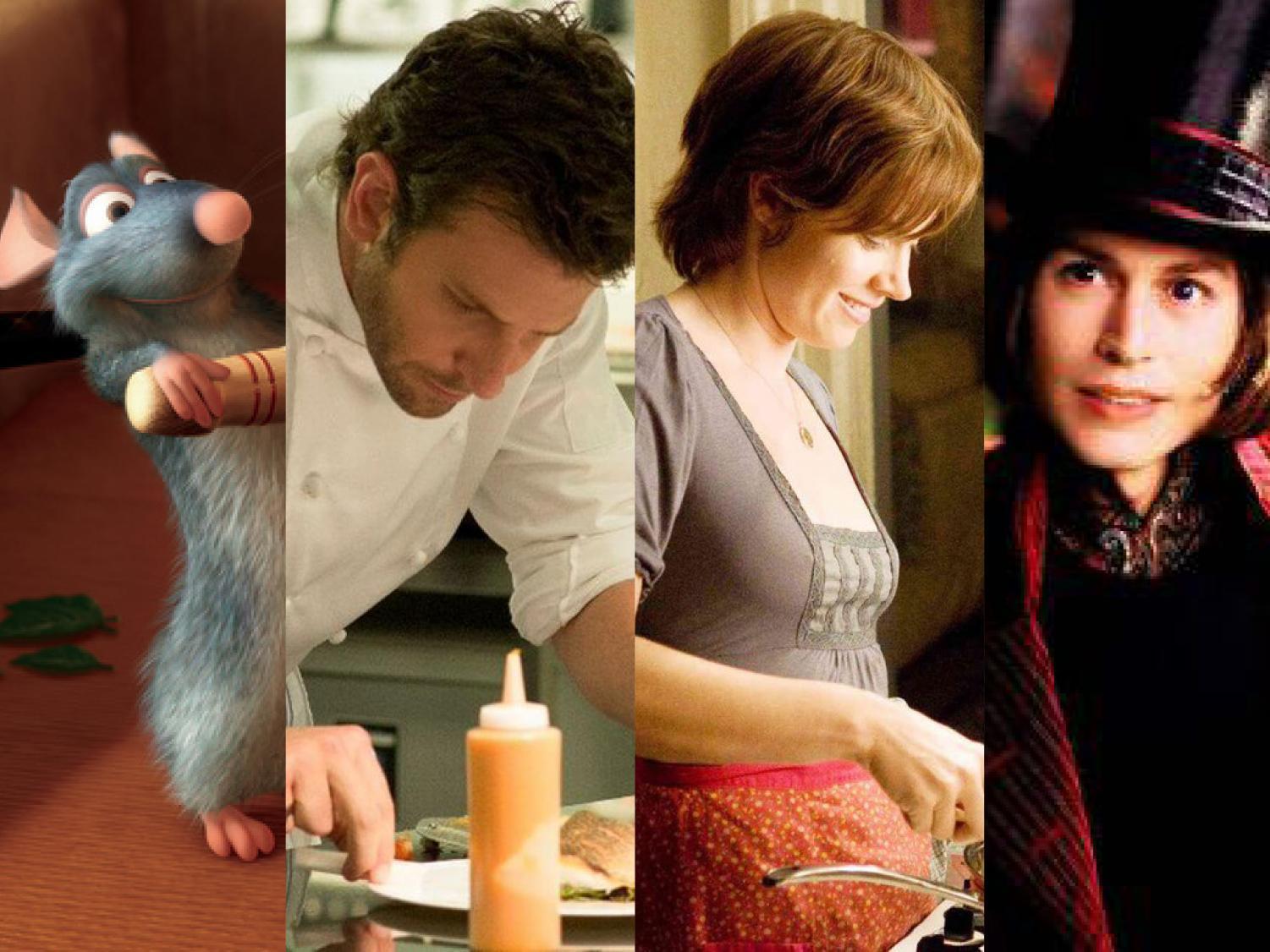Left to right: Scenes from the movies “Ratatouille”, “Burnt,” “Julie and Julia” and “Charlie and the Chocolate Factory.”