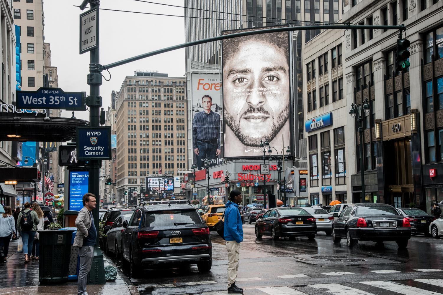 Nike recently unveiled a new series of advertisements, including this billboard of Colin Kaepernick by Madison Square Garden. The text over the image of Kaepernick, the NFL quarterback who started protesting police brutality in 2016, reads